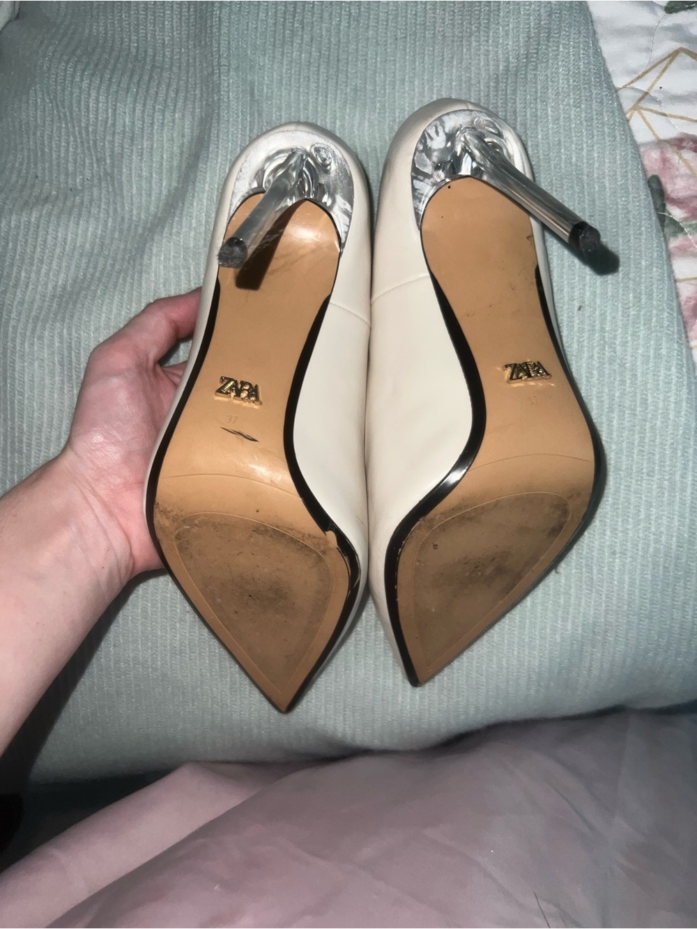 Zara Cream Pointed Toe Stiletto Pumps with Silver Heel